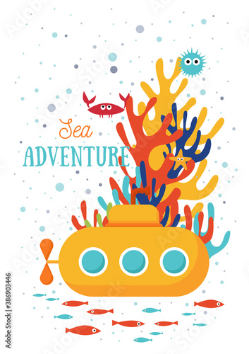 Underwater world illustration. Yellow submarine, crab, sea animals and fishes swimming near coral reef
