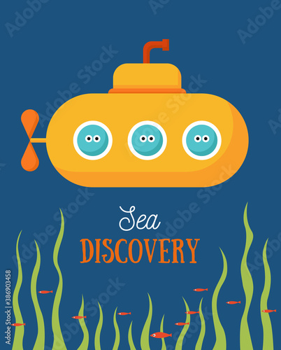 Underwater world illustration. Yellow submarine discovers the sea