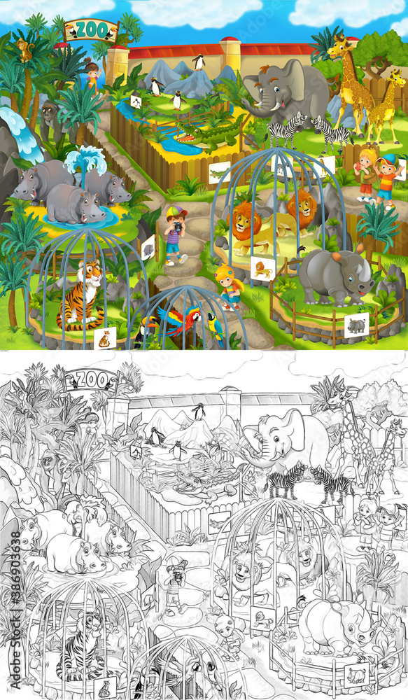 cartoon sketch scene with different animals like in zoo - illustration
