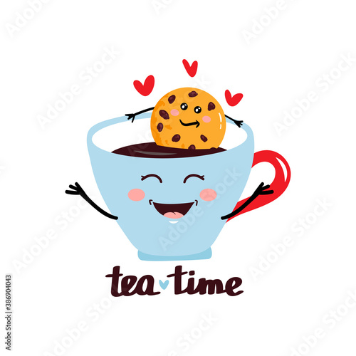 Cute flat kawaii Mug with Tea, Tea Package and fun cookie. Happy morning, tea time vector Illustration.