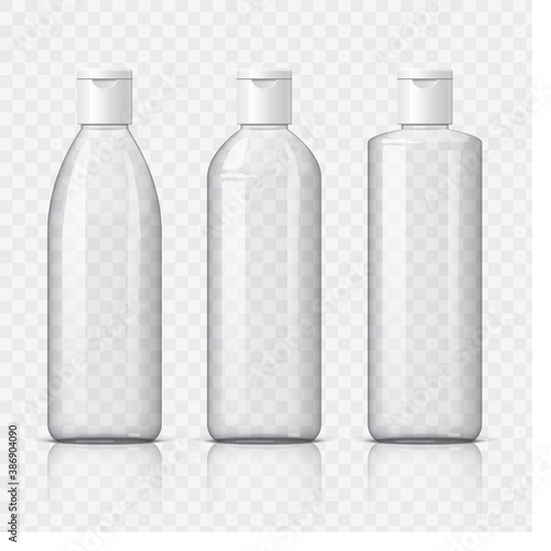 Cool Realistic plastic bottle on a transparent background. Cosmetic package collection for cream, soups, foams, shampoo. Vector Illustration