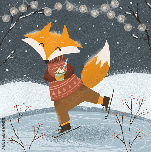 Merry Christmas and Happy New Year! Vector winter illustration of cute animal fox ice skating with garland. Drawing for a holiday postcard or card
