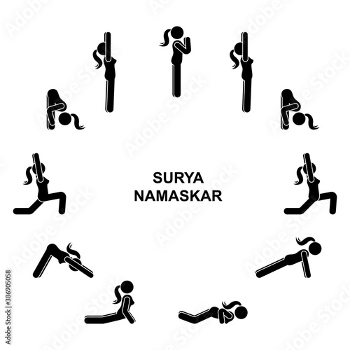 Stick figure woman sequence poses of sun salutation surya namaskar vector illustration icon set. Yoga female healthy lifestyle pictogram on white background