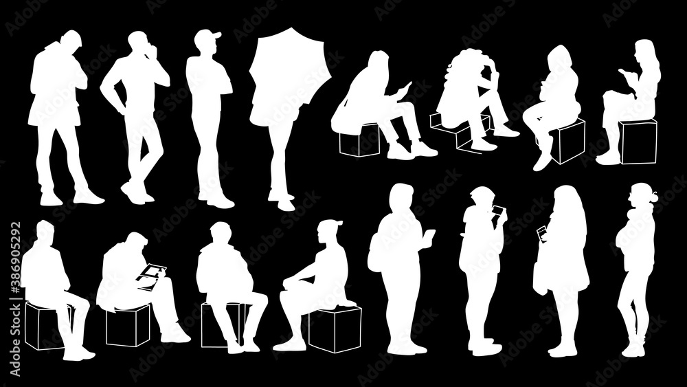 Set of young and adult men and women standing and sitting. Monochrome vector illustration of silhouettes of people in different poses. Stencil. White silhouettes isolated on black background.