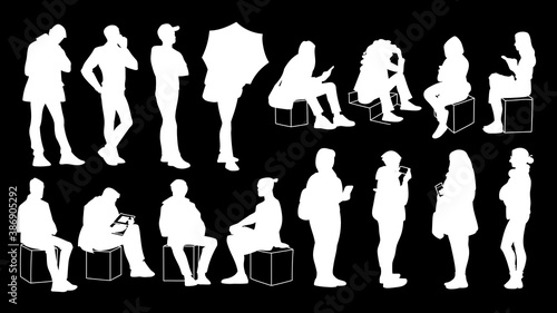 Set of young and adult men and women standing and sitting. Monochrome vector illustration of silhouettes of people in different poses. Stencil. White silhouettes isolated on black background.