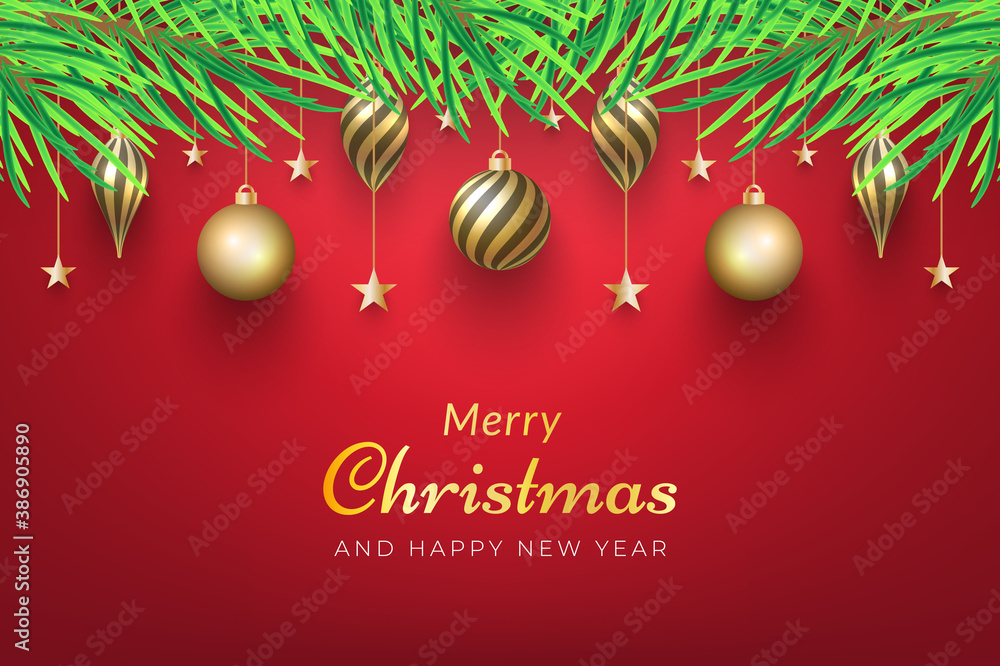 Christmas background with golden ornaments hanging on the tree