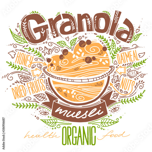 granola in doodle style with lettering on white. vector illustration with breakfast organic food. healthy food concept. oatmeal porridge recipe.