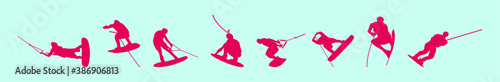 set of wake boarding cartoon icon design templates with various models. vector illustration isolated on blue background