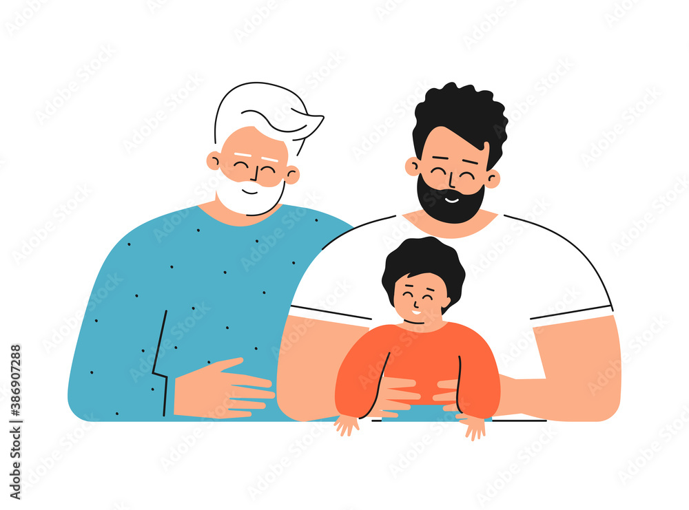 Vector isolated concept for Father's day with flat cartoon characters.  Multigenerational family. Daddy is handsome young adult man, he hugs his  cute little kid, happy senior grandfather smiles Stock Vector | Adobe