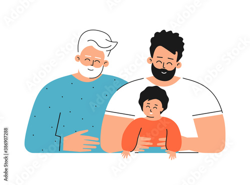 Vector isolated concept for Father's day with flat cartoon characters. Multigenerational family. Daddy is handsome young adult man, he hugs his cute little kid, happy senior grandfather smiles