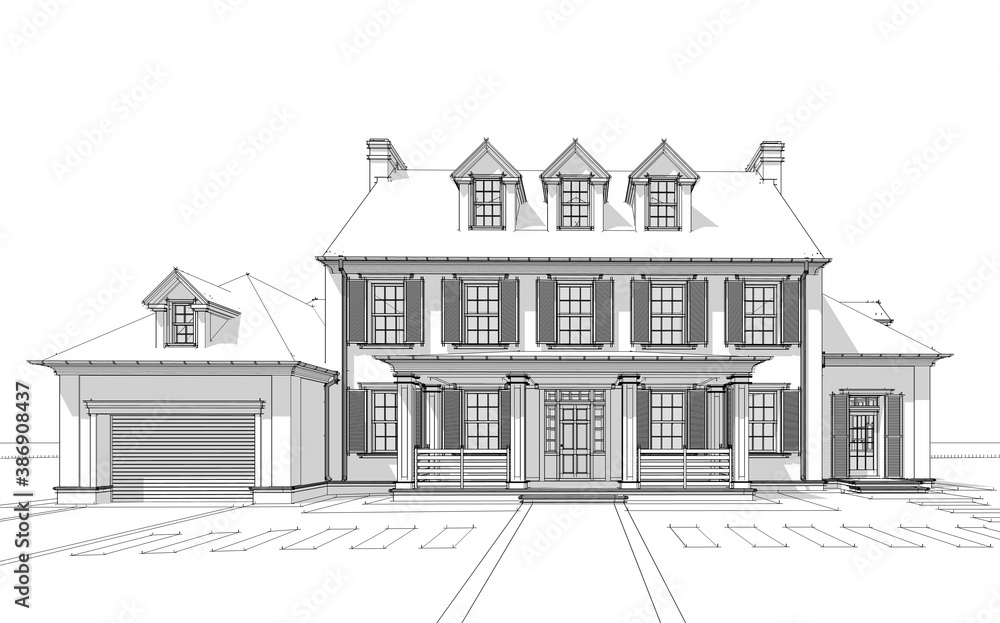 3d rendering of modern cozy classic house in colonial style with garage and pool for sale or rent with beautiful landscaping on background. Black line sketch with soft light shadows on white backgroun 3d rendering of modern cozy classic house in colonial style with garage and pool for sale or rent with beautiful landscaping on background. Black line sketch with soft light shadows on white backgroun