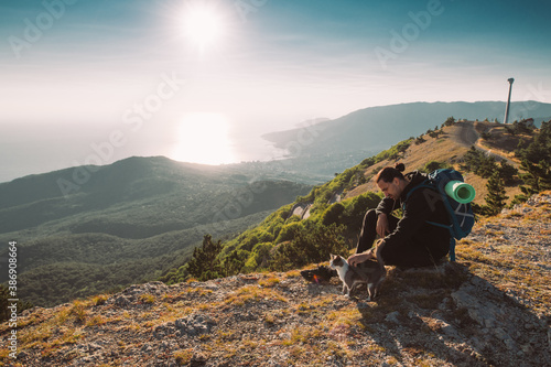 A male tourist meets a dawn in the mountains. Hiking. The cat travels with a man in the mountains at dawn