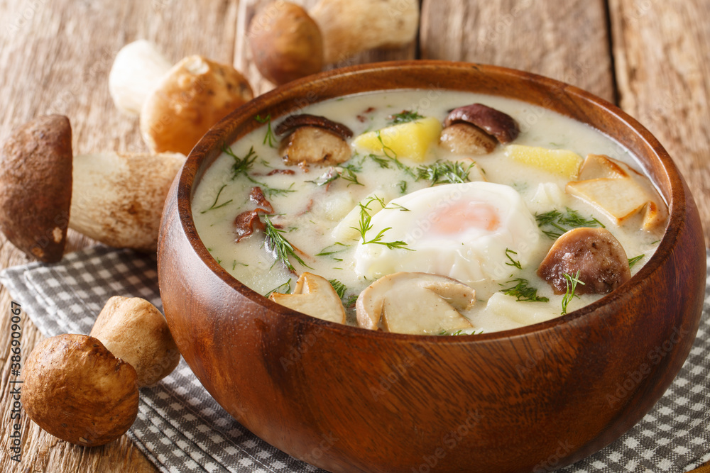 Tasty Kulajda is a traditional Czech thick soup, with mushrooms, potatoes, and cream, that is flavored with dill and topped with poached egg close-up in a bowl. Horizontal Tasty Kulajda is a traditional Czech thick soup, with mushrooms, potatoes, and cream, that is flavored with dill and topped with poached egg close-up in a bowl. Horizontal