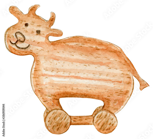 Children's wooden toy cow on wheels. Symbol of 2021. Isolated on white. Abstract hand drawn watercolor element. Ideal for Merry Christmas and Happy New Year cards, flyers, brochures, wrapping paper