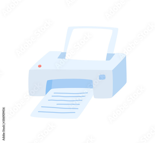 Cute printer with sheets of paper isolated on white. Vector, hand-drawn illustration.