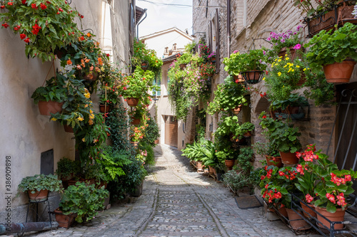 Charming floral decorated streets of medieval towns of Italy. Spello in Umbria © Tjeerd