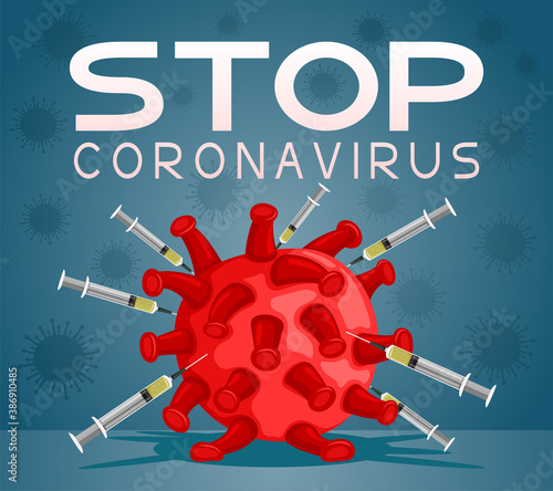 Syringes with vaccine defeated coronavirus on blue background.