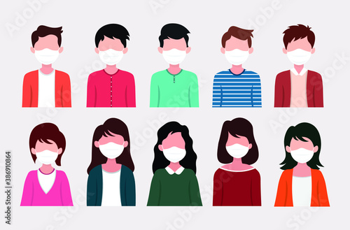 Set of man and woman wearing medical mask in flat vector illustration style.	