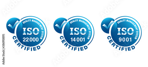 ISO 9001, 14001 and 22000 certified emblems collection - quality management system international standard stamps set - isolated vector signs