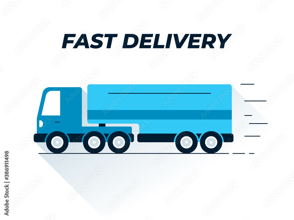 Big wagon flat icon. Vector illustration of a moving freight truck. Heavy vehicle icon. Represents a concept of large cargo delivery. Long loaded wagon driving on a highway