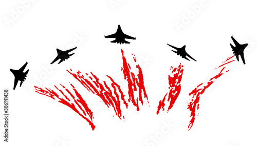 Aerobatic team with fighter aircrafts contrails. Vector silhouette
