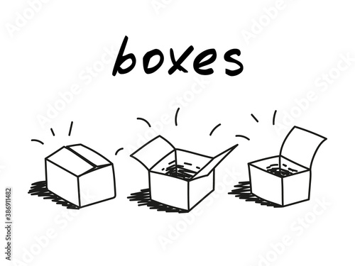 Boxes outline icons. Set of three handdrawn vector illustrations of black and white outlined delivery boxes with shadow. Sketch with open and closed cardboard box icons. Represents concept of delivery