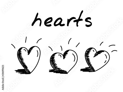 Heart outline icons. Set of three handdrawn vector illustrations of black and white outlined hearts with shadow. Black and white icons of heart love symbol. Represents concept of love  friendship