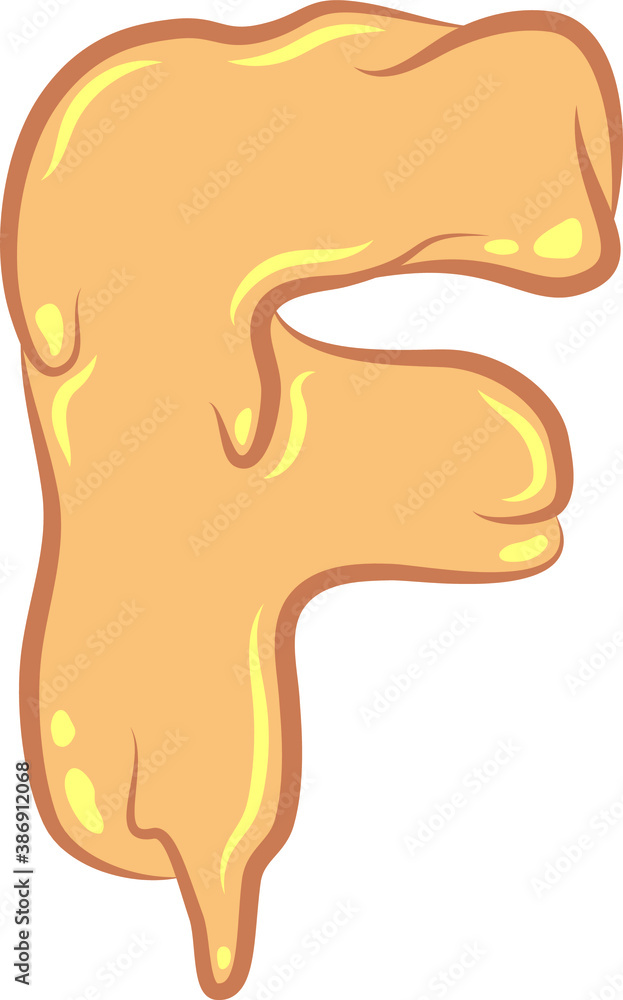White Isolated flat vector F - letter in wax style. Waxing tech. Graffiti lettering. Liquid honey character. Pastel colors with outline and flare. Melted butter texture. Sign for banner design. White Isolated flat vector F - letter in wax style. Waxing tech. Graffiti lettering. Liquid honey character. Pastel colors with outline and flare. Melted butter texture. Sign for banner design.