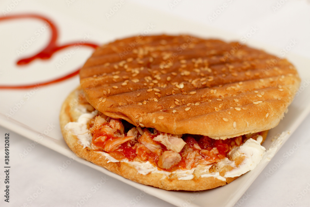 Round tuna and tomatoes sandwich, bread and fish toast Round tuna and tomatoes sandwich, bread and fish toast
