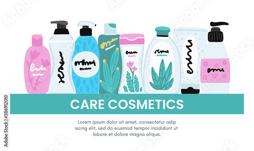 Vector cosmetic products. Natural cosmetics. Beauty care. Many jars and bottles. Facial skin care. Online store. Landing page template. Background is for banner, header, advertising, mailing list