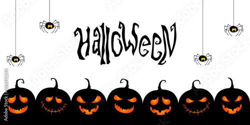 Halloween typography with scary pumpkins. Cute evil jack-o-lantern silhouettes. Vector illustration.