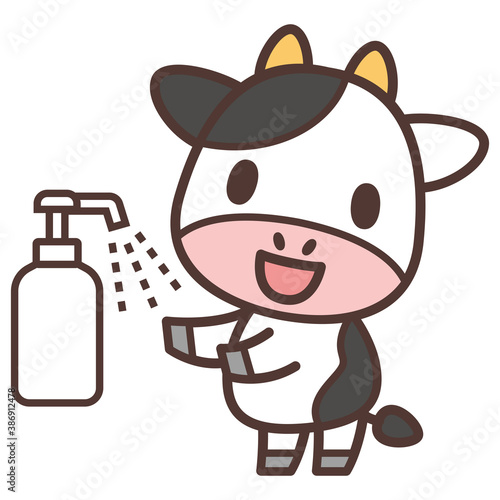 アルコールで消毒する牛のキャラクター