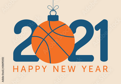 2021 Happy New Year vector illustration. Flat style Sports greeting card with a basketball ball on the background. Vector illustration.