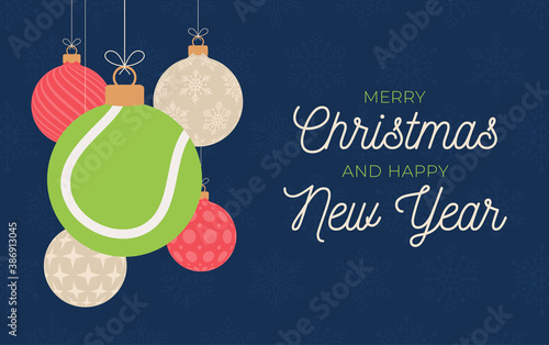 Tennis holiday banner. Merry Christmas and Happy New Year flat cartoon Sports greeting card. tennis ball as a Christmas ball on background. Vector illustration.
