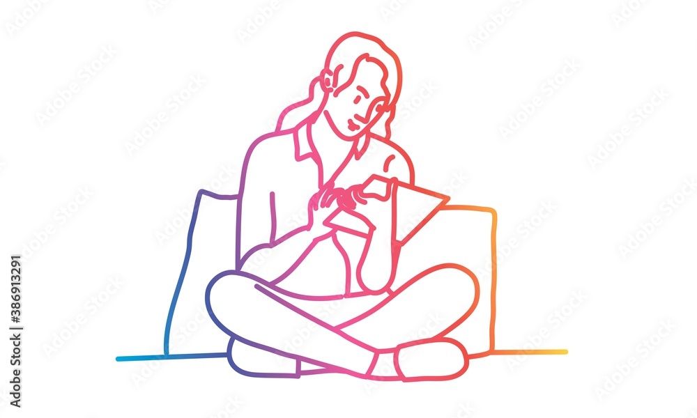 Cute girl is sitting on sofa in lotus position and using tablet. Gradient line. Vector illustration. Cute girl is sitting on sofa in lotus position and using tablet. Gradient line. Vector illustration.