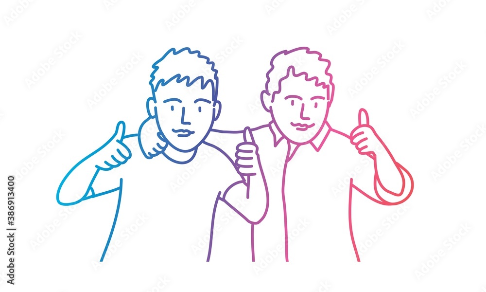 Two boys show  thumb up gesture. Gradient line. Vector illustration. 