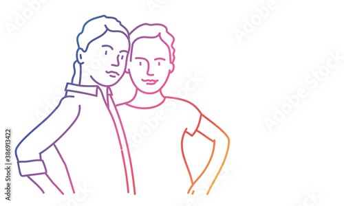 Two cute girls are hugging. Gradient line. Vector illustration.