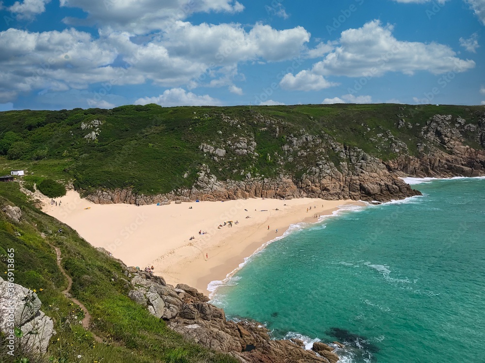 Porthcurno Beach in Cornwall seen from the viewing point at Minack Theatre