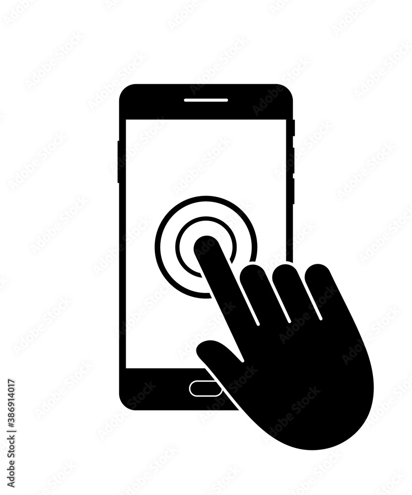 Icon phone. Mobile app in smartphone. Finger click on touch screen. Service of healthcare in cellphone. Push button on device. Tap of hand on digital touchscreen. Symbol of smart telephone. Vector Icon phone. Mobile app in smartphone. Finger click on touch screen. Service of healthcare in cellphone. Push button on device. Tap of hand on digital touchscreen. Symbol of smart telephone. Vector
