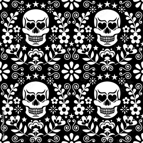 Mexical skull and flowers vector seamless pattern, white Halloween and Day of the Dead floral repetitive design on black - folk art style
