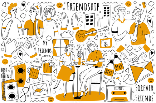 Friendship doodle set. Collection of hand drawn sketche templates patterns of happy male female friends having fun and spending time together. Friendly relationship between people illustration.