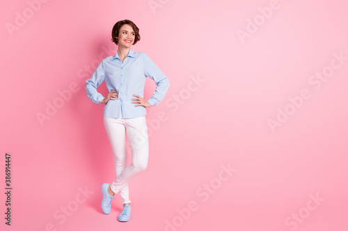 Full length body size view of her she nice attractive lovely smart clever cheerful cheery skinny brown-haired girl employee thinking advice copy empty space isolated over pink pastel color background
