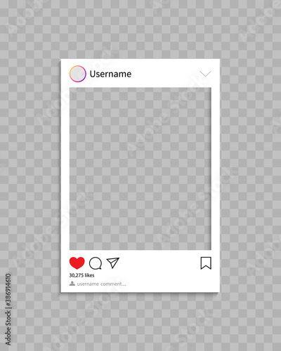 Frame for social post. Frame for photo in social media.Template of profile, post and message with interface, comment and like. Mockup and icon for phone and app. Social network concept. Vector