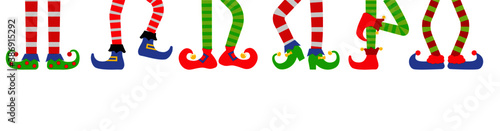 Merry Christmas background or banner with elf feet set, vector illustration. Collection of cute elves legs, boots. Santa helpers shoes and pants. Isolated on white background