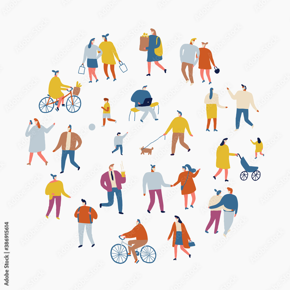 Group of people wearing medical masks.
People wearing Face Mask Fight Against Covid-19, Coronavirus Disease, Health Care. Flat Vector illustration