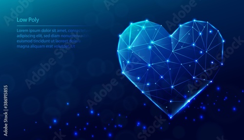 Vector tech low poly blue background. Low poly heart shape.