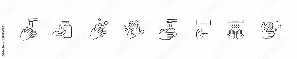 Icon set of disease prevention protect. Vector sanitizer, antiseptic, antibacterial symbols. Healthcare wash hands process with rinse water, tap, soap, towel and safety icons Icon set of disease prevention protect. Vector sanitizer, antiseptic, antibacterial symbols. Healthcare wash hands process with rinse water, tap, soap, towel and safety icons