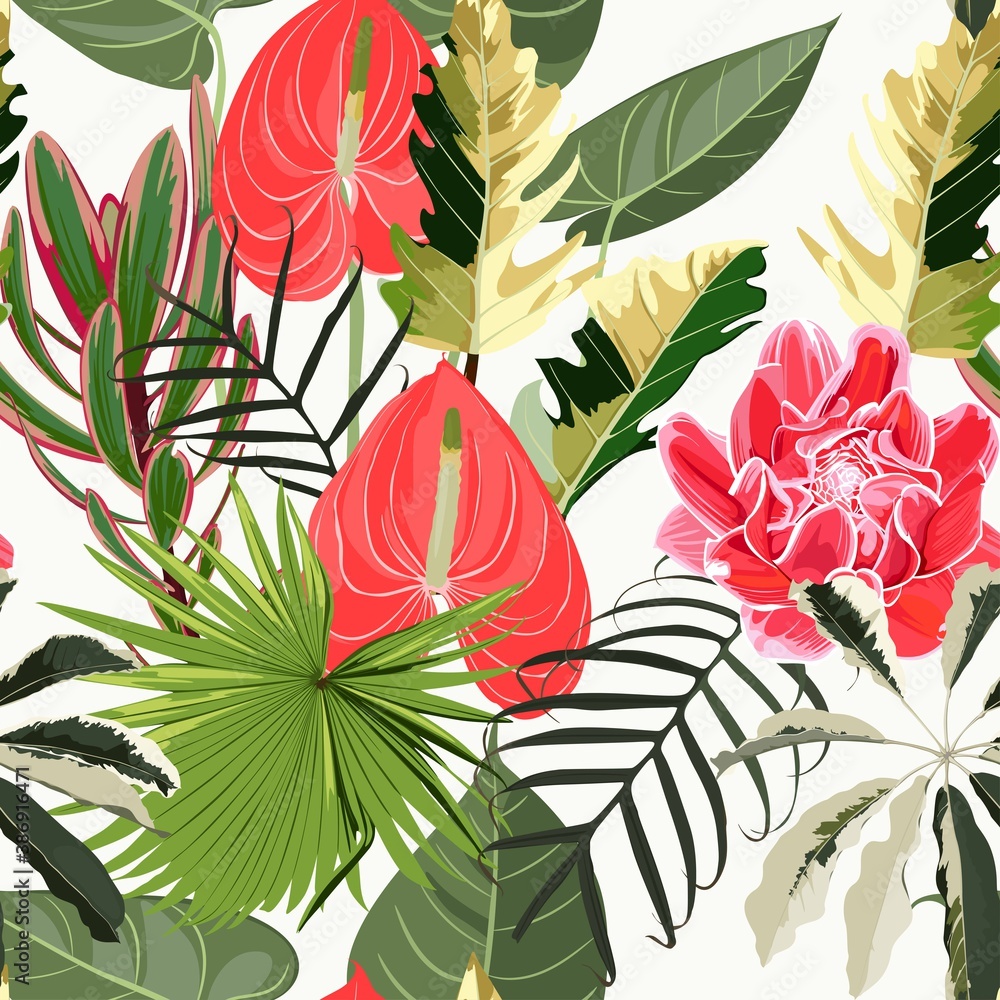 Fototapeta Illustration of red flamingo Anthurium flower and many kind of exotic palm leaves seamless pattern. White background.