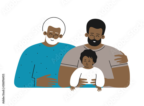 Vector isolated concept for Father's day with flat cartoon characters. Multi generational african american family. Dad is happy young adult man hugging his cute little baby, senior grandfather smiles