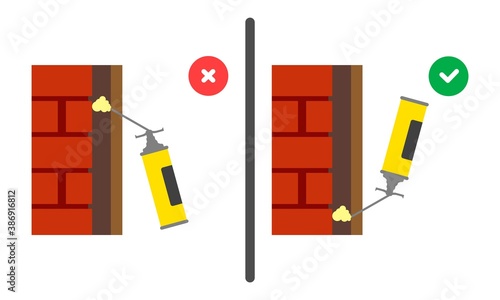 Working with a household cylinder. Polyurethane mounting foam balloon icon. Right and wrong use of mounting tool. Vector